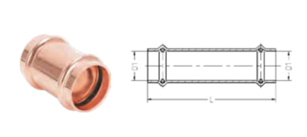 100104 Coupling - No Stop - Extended, Copper, PxP, 1/2" x 1/2" Front View