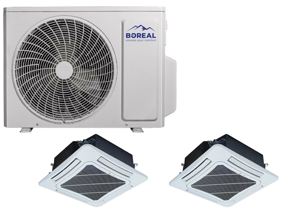 Boreal 30,000 BTU 21 SEER2 Dual Zone Ceiling Cassette Ductless Mini Split System (18k, 18k) 208-230V
