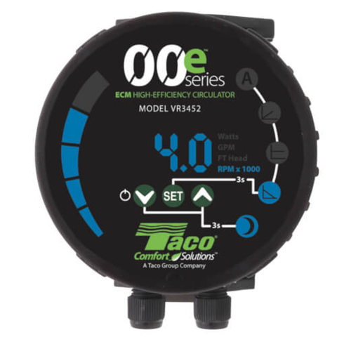 Taco VR3452-HY1-FC1A01 Viridian Self-Adjusting High Efficiency Wet Rotor Circulator with Communication Module, Less Flanges - Rotated Top VIew