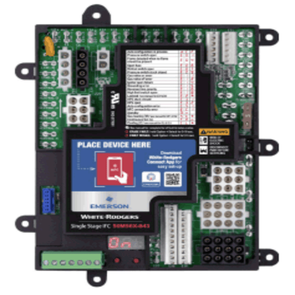 W-R50M56X-843 Universal Single Stage HSI Integrated Furnace Control For PSC & ECMX Blower Motors. Front view.