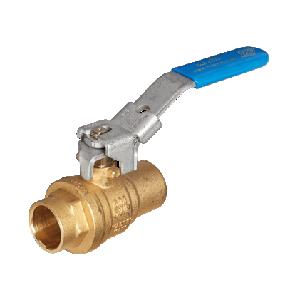 RuB s.42 1-1/4" solder ends SWT x SWT Full Port 2-way ball valve with blue lockable handle