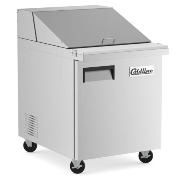 Coldline SMP27 27" Mega Top Refrigerated Sandwich Prep Table with Cutting Board and Food Pans Side View
