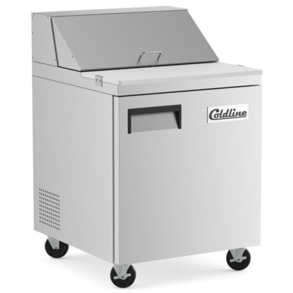 Coldline SP27 27" Refrigerated Sandwich Prep Table with Cutting Board and Food Pans Side View