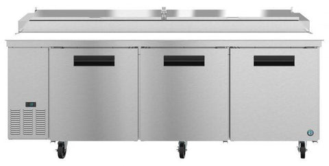 Hoshizaki 93" Refrigerator Three Section Pizza Prep Table, 3 Stainless Door Front View