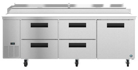 Hoshizaki 93" Refrigerator Three Section Pizza Prep Table, 4 Stainless Drawer and 1 Door  Front View