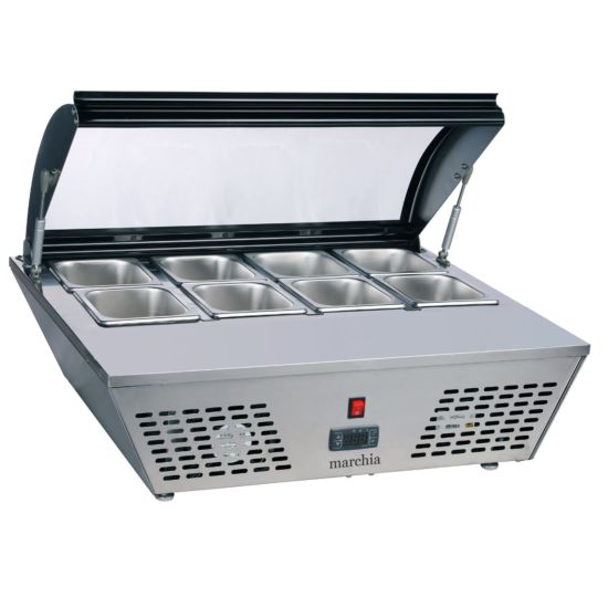 Marchia MTRS6 30" Refrigerated Countertop Prep Refrigerator with Folding Glass Sneeze Guard Side View