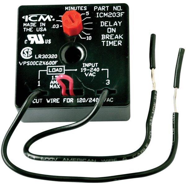 ICM ICM203F Delay on Break Timer, 6" Wire Leads (.03-10 Minute Knob Adjust. Delay) Front View