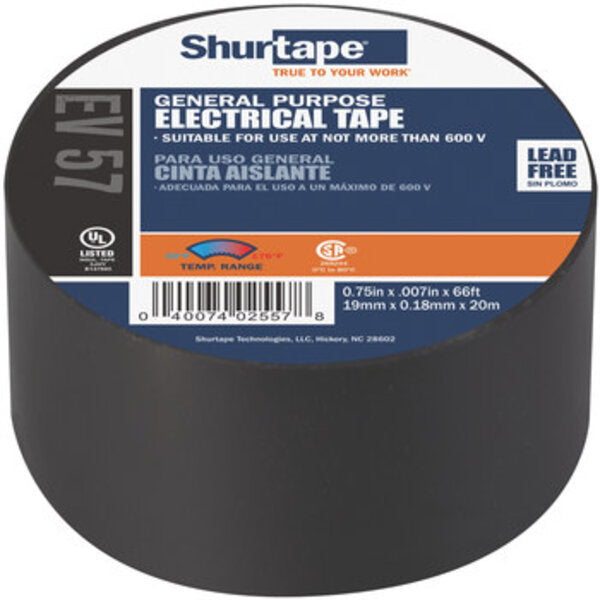 Shurtape EV 057 Black Electrical Tape - 3/4 in Width x 66 ft Length - 7.0 mil Thick 200782 Side View