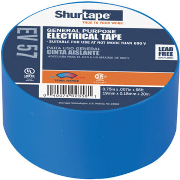 Shurtape EV 057 Blue Electrical Tape - 3/4 in Width x 66 ft Length - 7.0 mil Thick 200786 Side View