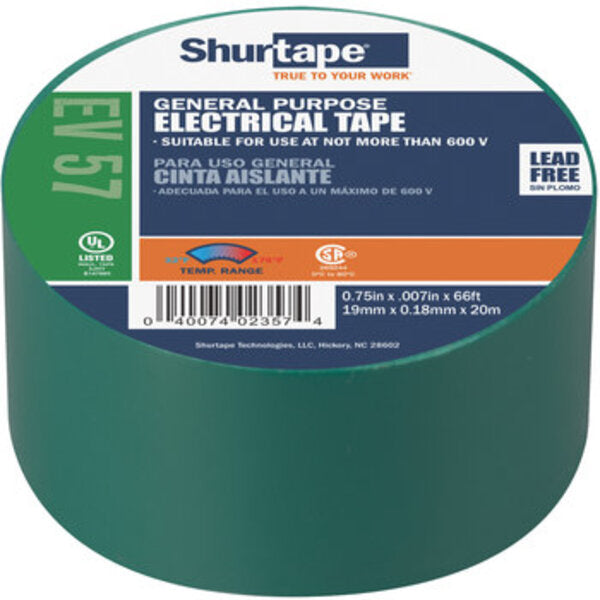 Shurtape EV 057 Green Electrical Tape - 3/4 in Width x 66 ft Length - 7.0 mil Thick 200785 Side View