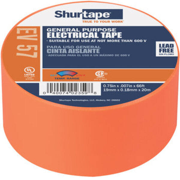 Shurtape EV 057 Orange Electrical Tape - 3/4 in Width x 66 ft Length - 7.0 mil Thick 200787 Side View