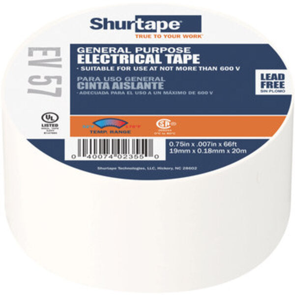 Shurtape EV 057 RWhite Electrical Tape - 3/4 in Width x 66 ft Length - 7.0 mil Thick 200783 Side View