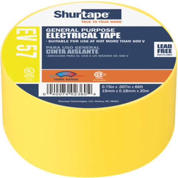 Shurtape EV 057 Yellow Electrical Tape - 3/4 in Width x 66 ft Length - 7.0 mil Thick 200788 Side View