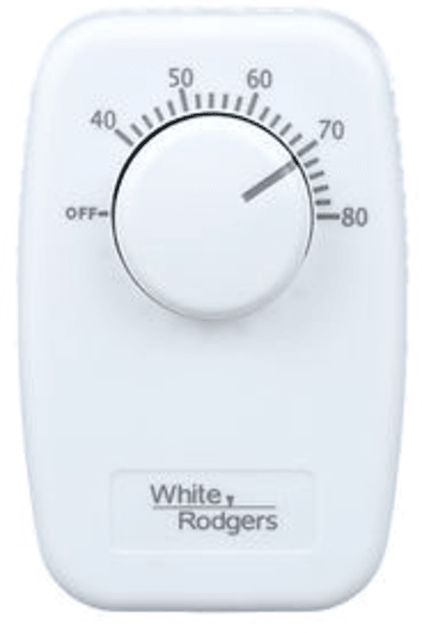 W-R1G66-641 Line Voltage Mechanical Bimetal DPST Open on Rise 40-80F No Thermometer with off Position Classic White Color Wallplate Included