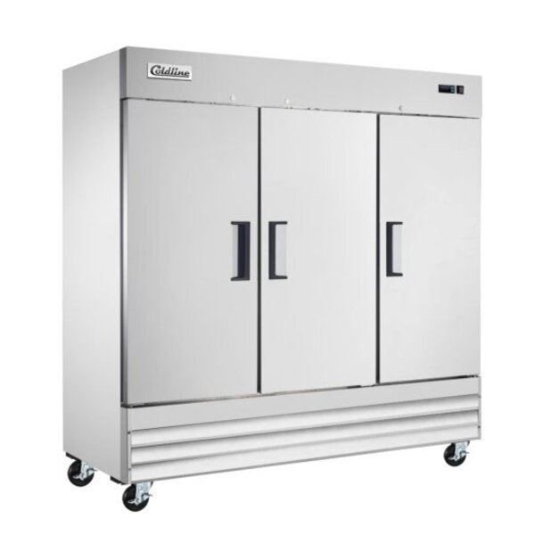 Coldline C-3FE 81" Three Solid Door Commercial Reach-In Freezer - Stainless Steel Side View 