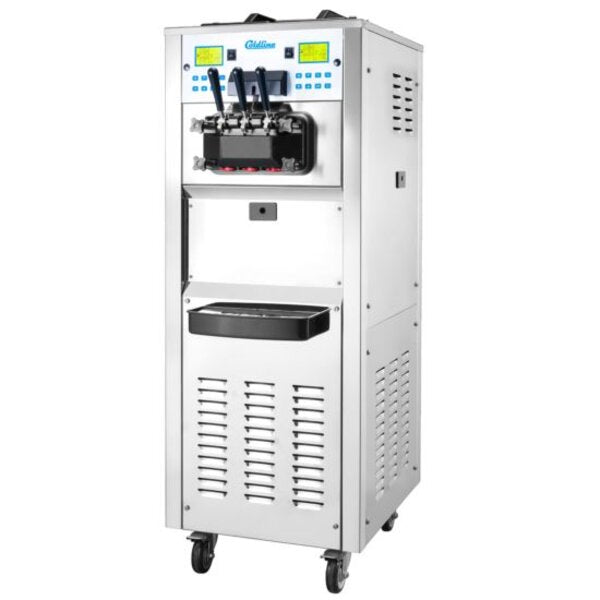 Coldline NEO-F3 Floor Standing Soft Serve Ice Cream Machine with Air Pump, 2 Hoppers and 3 Dispensers Side View