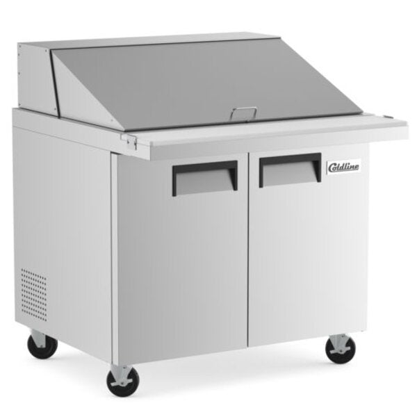 Coldline SMP36 36" Mega Top Refrigerated Sandwich Prep Table with Cutting Board and Food Pans Side View