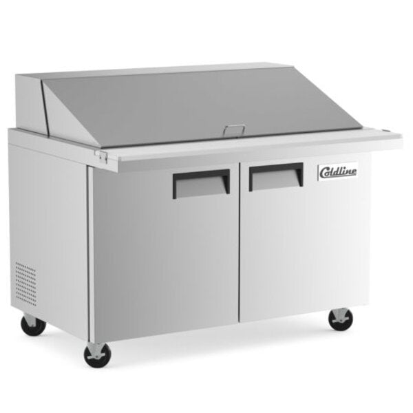 Coldline SMP48 48" Mega Top Refrigerated Sandwich Prep Table with Cutting Board and Food Pans Side View
