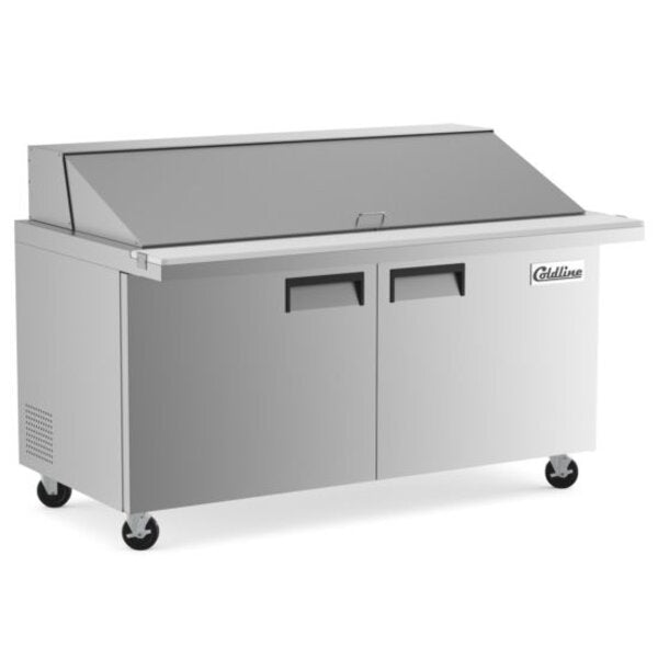 Coldline SMP60 60" Mega Top Refrigerated Sandwich Prep Table with Cutting Board and Food Pans Side View