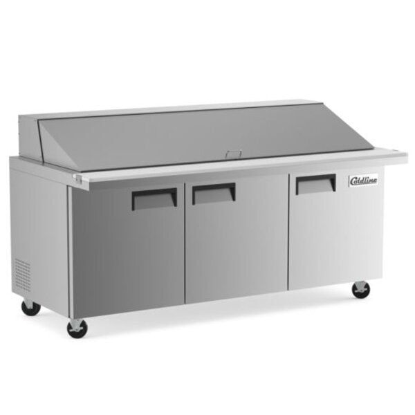 Coldline SMP72 72" Mega Top Refrigerated Sandwich Prep Table with Cutting Board and Food Pans Side View