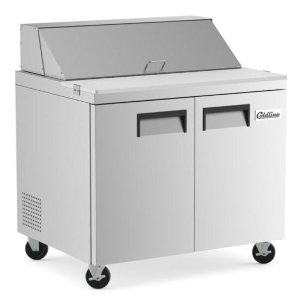Coldline SP36 36" Refrigerated Sandwich Prep Table with Cutting Board and Food Pans Side View