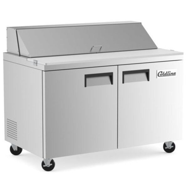Coldline SP48 48" Refrigerated Sandwich Prep Table with Cutting Board and Food Pans Side View