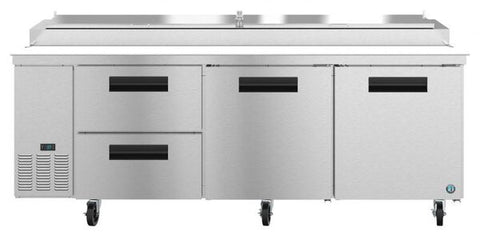 Hoshizaki 93" Refrigerator Three Section Pizza Prep Table, 2 Stainless Drawer and 2 Door Front View