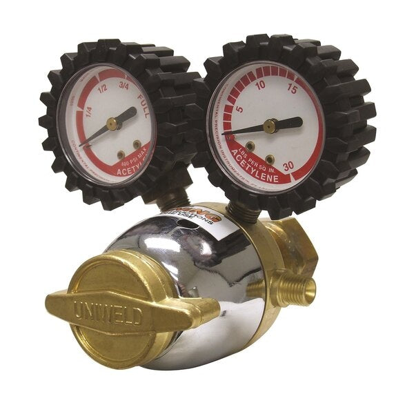Compact design with rear inlet service and various CGA cylinder connections Forged brass body Low profile forged brass pressure adjusting screw Specially compounded diaphragm and seat material Easy-to-read 1-1/2" gauges with protective boot Side View