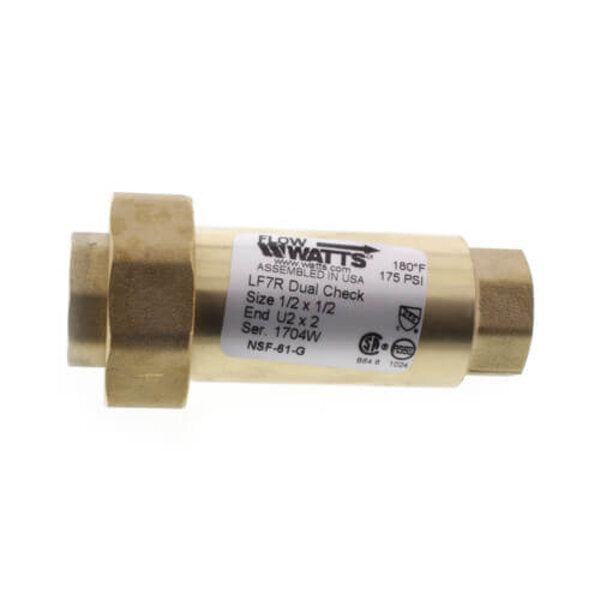 Watts 0072203 1/2 x 1/2 IN Lead Free Brass Residential Dual Check Valve Side View