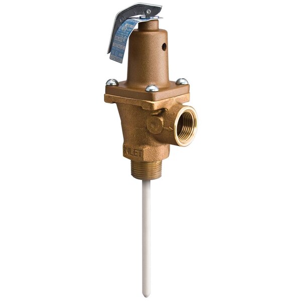 Watts 156731 3/4" M x 3/4" F Bronze Automatic Reseating Temperature and Pressure Relief Valve 5" Thermostat 150 PSI 210 F 1437600 BTU/HR Side View